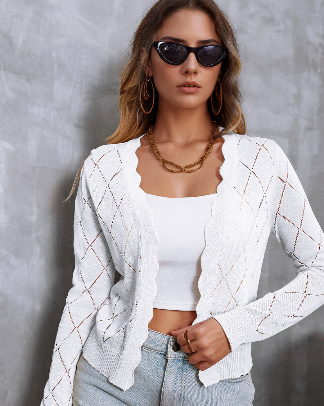 TINYA Women's Long Sleeve Crochet Knit Cardigan - Boho Chic Open Front Sweater with Intricate Patterns, Soft Breathable Outerwear for Spring/Fall, S-XXL