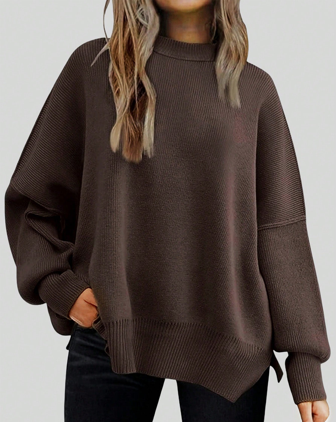 ENFOLD◉HIGH-NECK SLIT PULLOVER Crew Neck Drop Shoulder Slit Hem Pullover Sweaters – Tinya