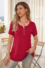 Women's Plus Size Short Sleeve Zipper V-Neck Tunic Tops Blouse