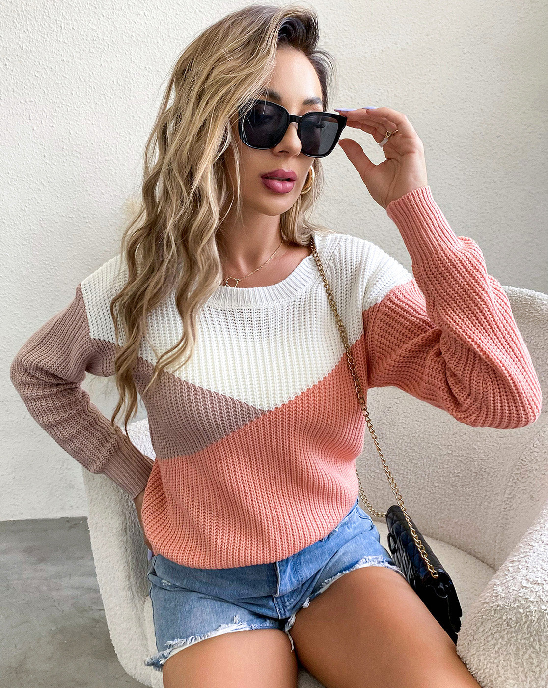 Long Sleeves Color Block Drop Shoulders Knit Sweater – Tinya