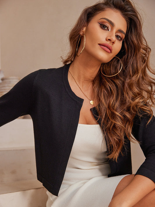 TINYA Women's Solid Cropped 3/4 Sleeve Open Front Cardigan Sweater - Lightweight Knit Layering Top for Spring/Summer/Autumn, S-XL