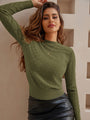 Solid Long Sleeve Round Sweater Textured Pullover Shirt