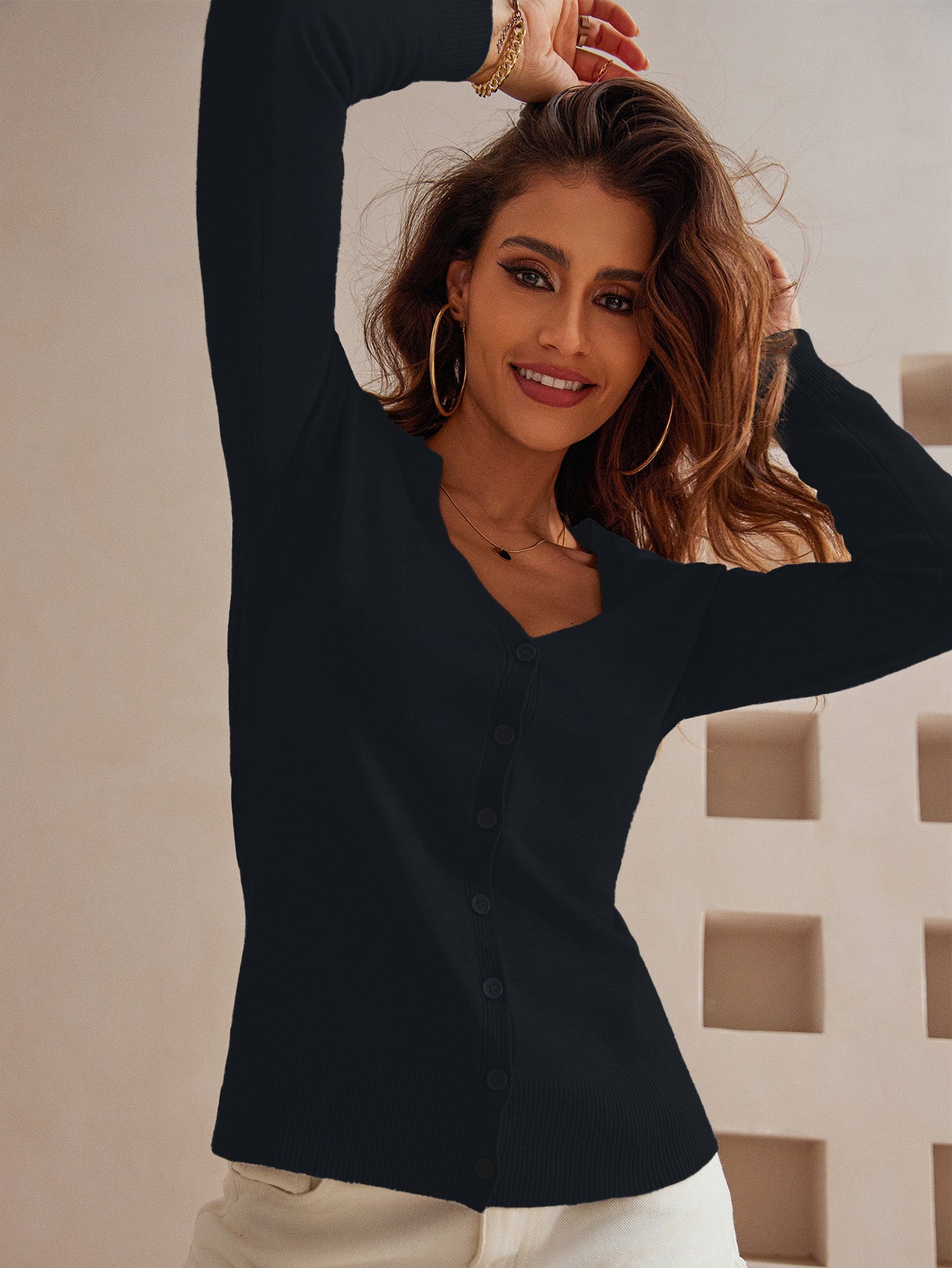 Women's Lightweight Button Collar Open Front Long Sleeve Casual V-Neck Soft Knit Cardigan Sweater Top