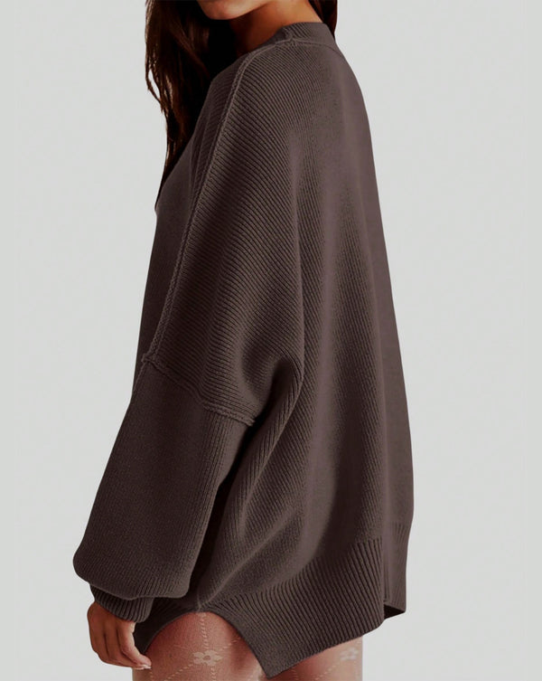 Crew Neck Drop Shoulder Slit Hem Pullover Sweaters