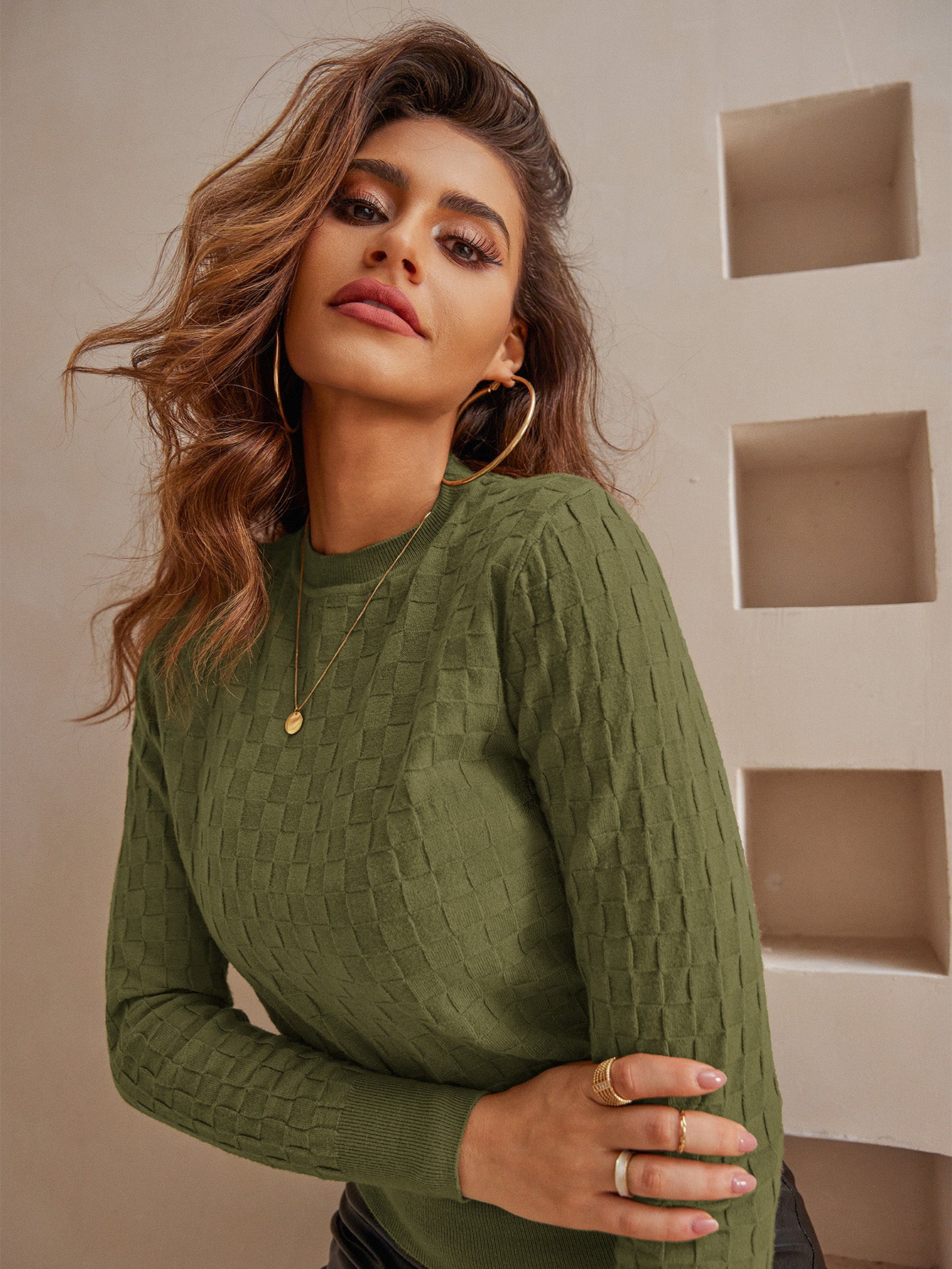 Solid Long Sleeve Round Sweater Textured Pullover Shirt