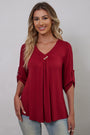 Women's Plus Size 3/4 Rolled Sleeve V-Neck Tunic Tops Blouse