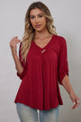 Women's Plus Size 3/4 Rolled Sleeve V-Neck Tunic Tops Blouse