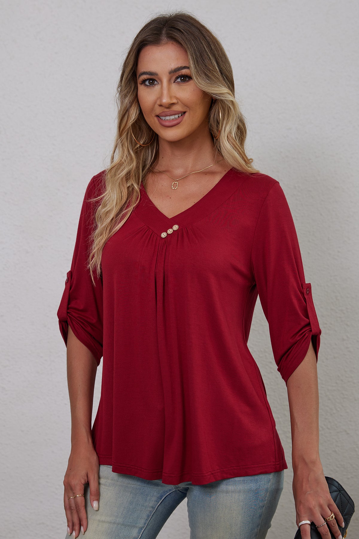 Women's Plus Size 3/4 Rolled Sleeve V-Neck Tunic Tops Blouse