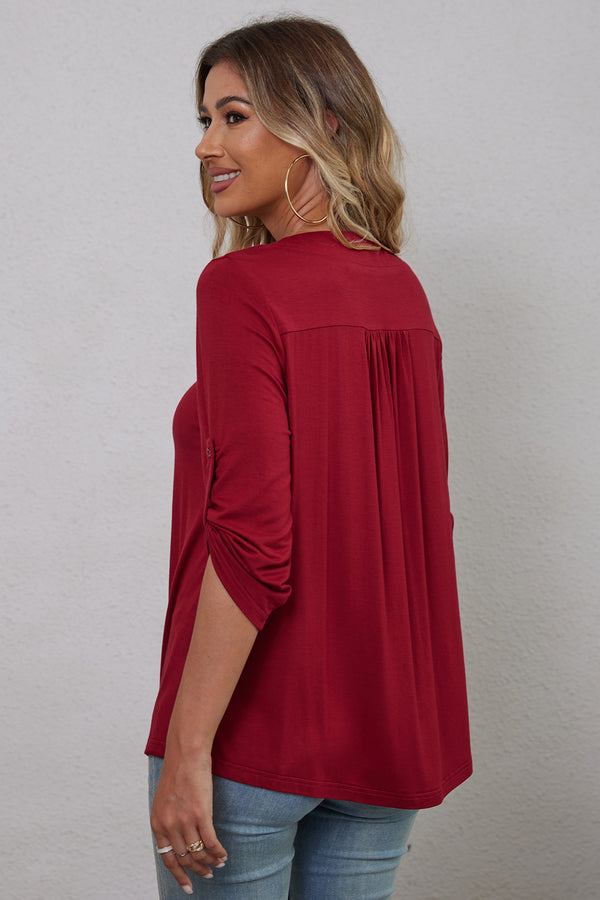 Women's Plus Size 3/4 Rolled Sleeve V-Neck Tunic Tops Blouse