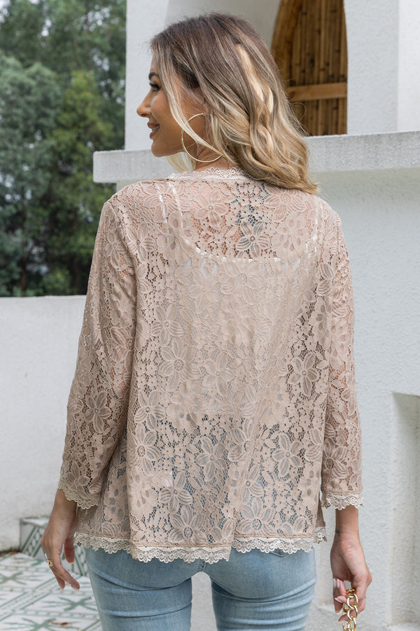 Women's Floral Lace Long Sleeve Open Front Scallop Trim Cardigan