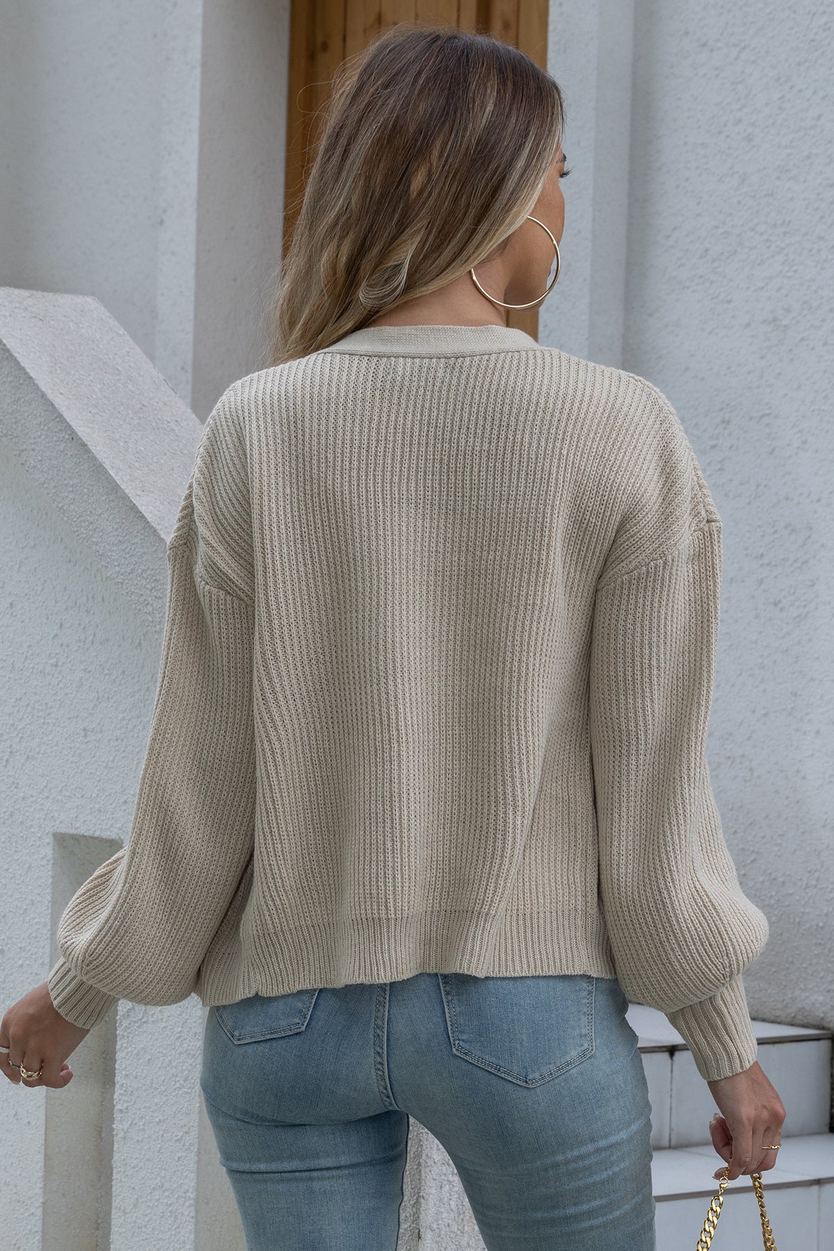 Solid Color V-Neck Pullover Woolen Knit Loose Casual Long Sleeve Cardigan