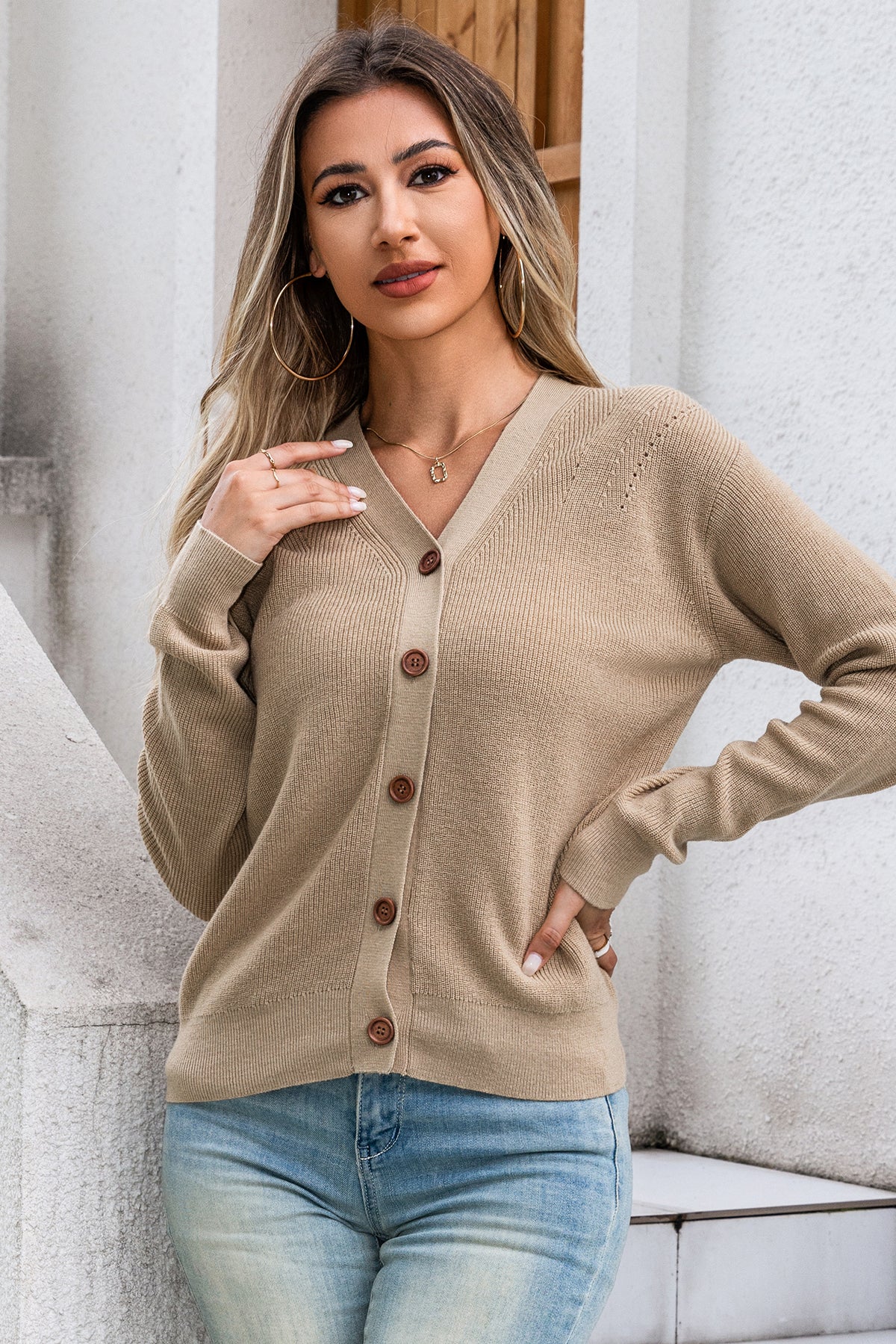 Solid Color V-Neck Pullover Woolen Knit Loose Casual Long Sleeve Cardigan