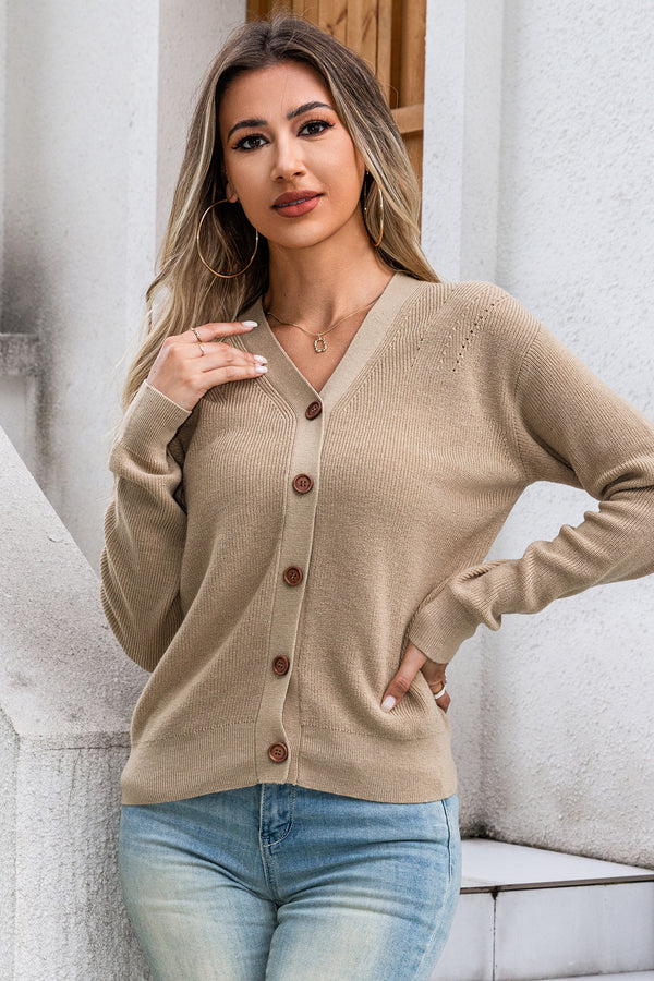 Solid Color V-Neck Pullover Woolen Knit Loose Casual Long Sleeve Cardigan