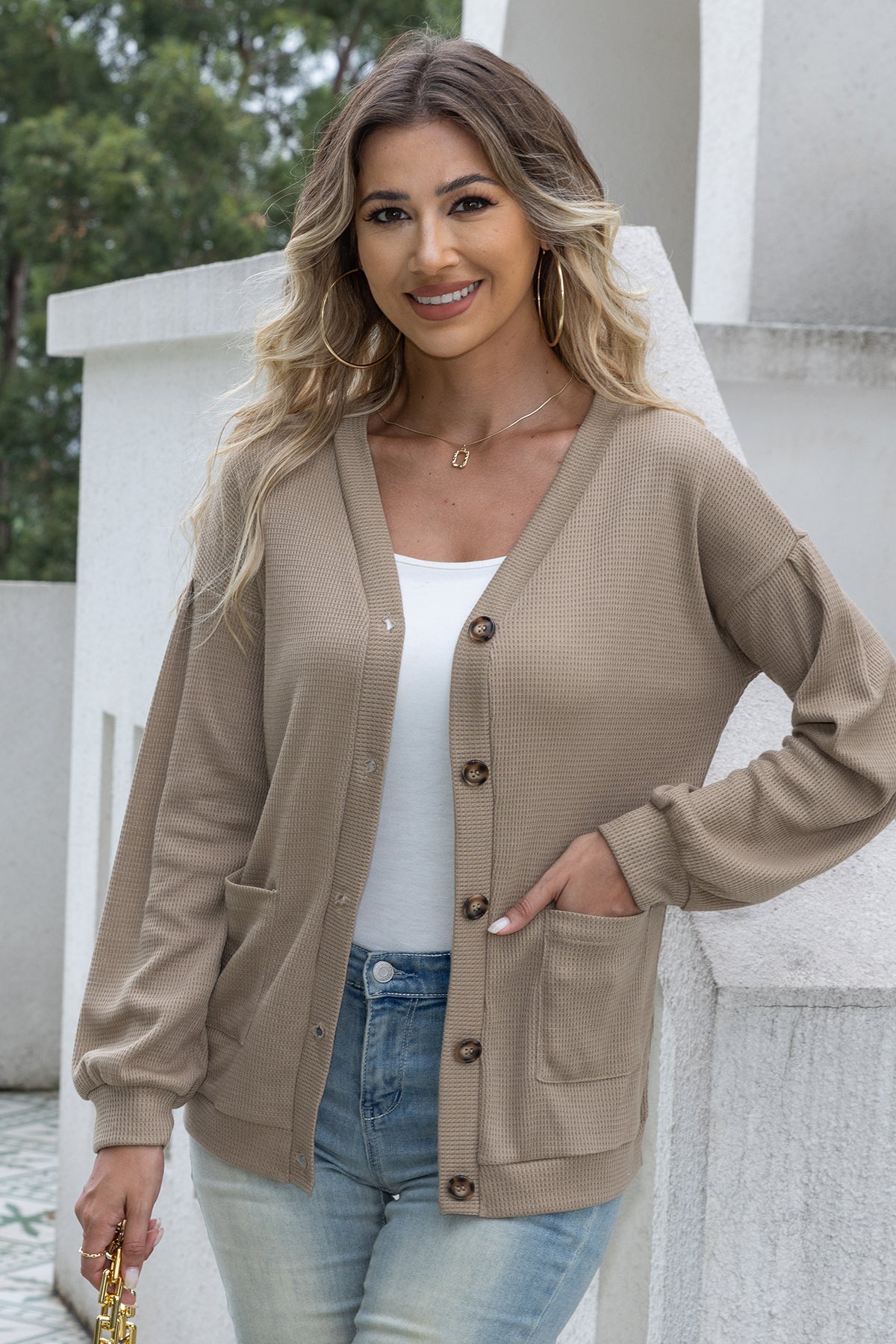 Womens Cardigan Drop Shoulder Button Waffle Knit Sweaters with Pockets