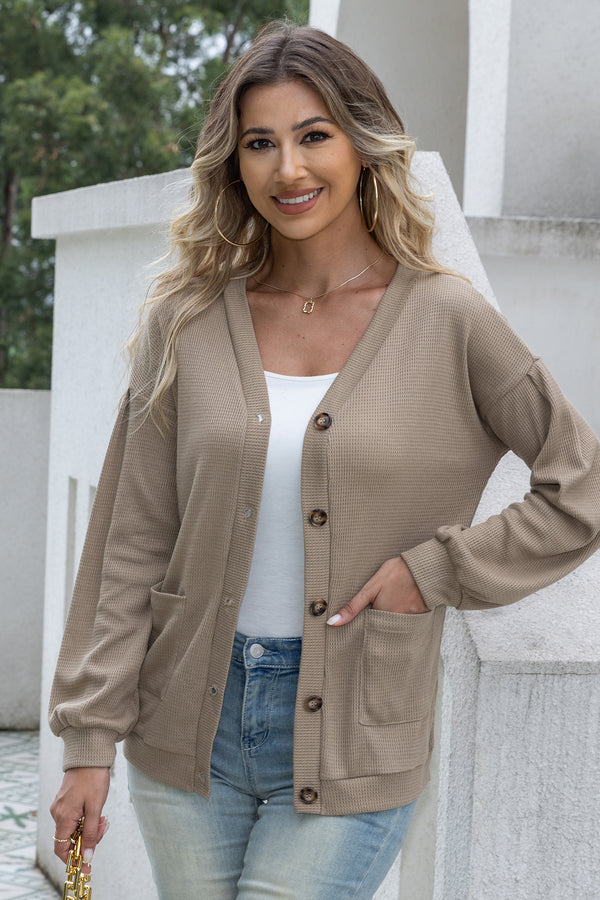Womens Cardigan Drop Shoulder Button Waffle Knit Sweaters with Pockets