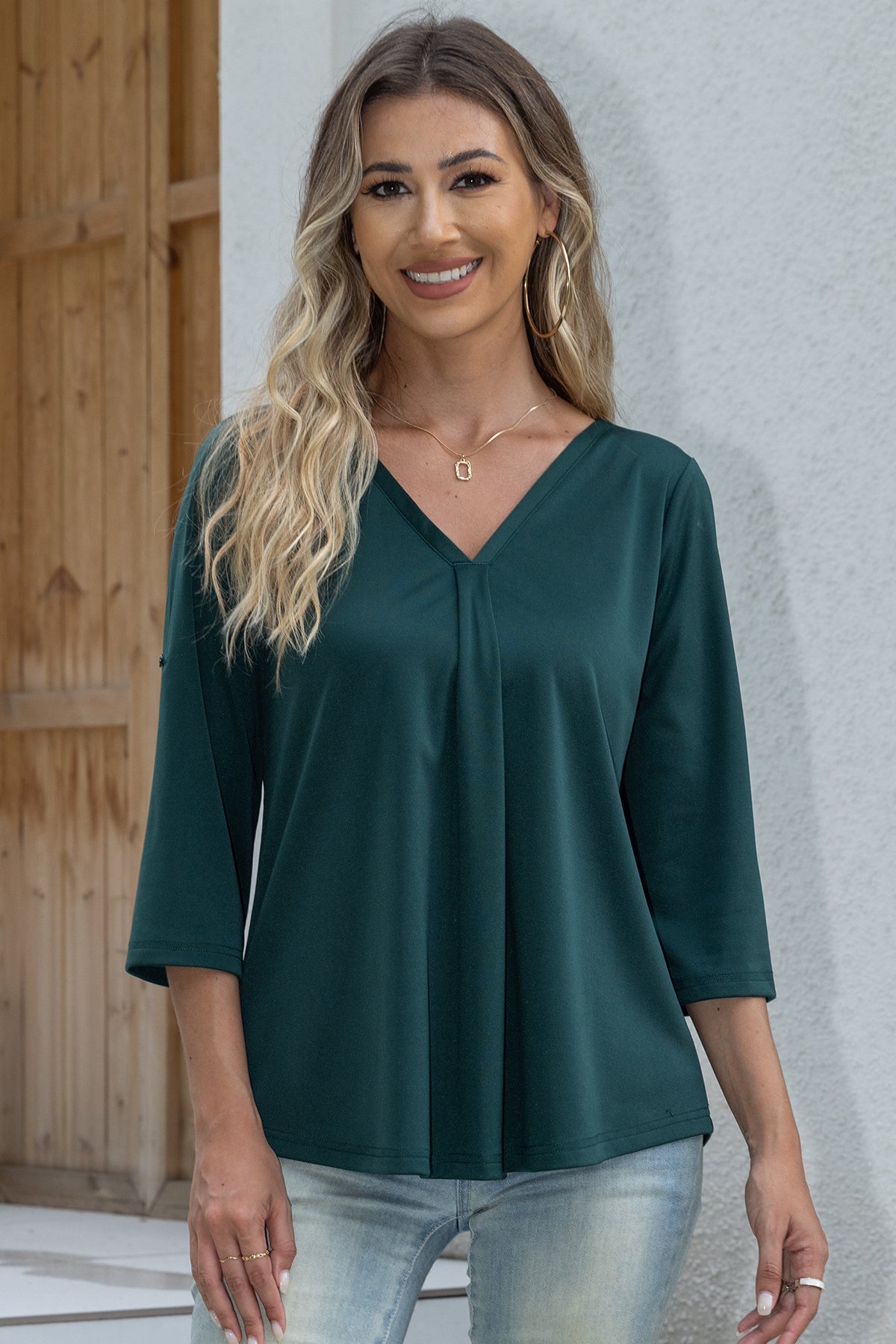 Women's Solid Plus Size 3/4 Rolled Sleeve V-Neck Tunic Tops Blouse