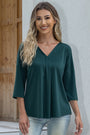 Women's Solid Plus Size 3/4 Rolled Sleeve V-Neck Tunic Tops Blouse