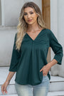 Women's Solid Plus Size 3/4 Rolled Sleeve V-Neck Tunic Tops Blouse