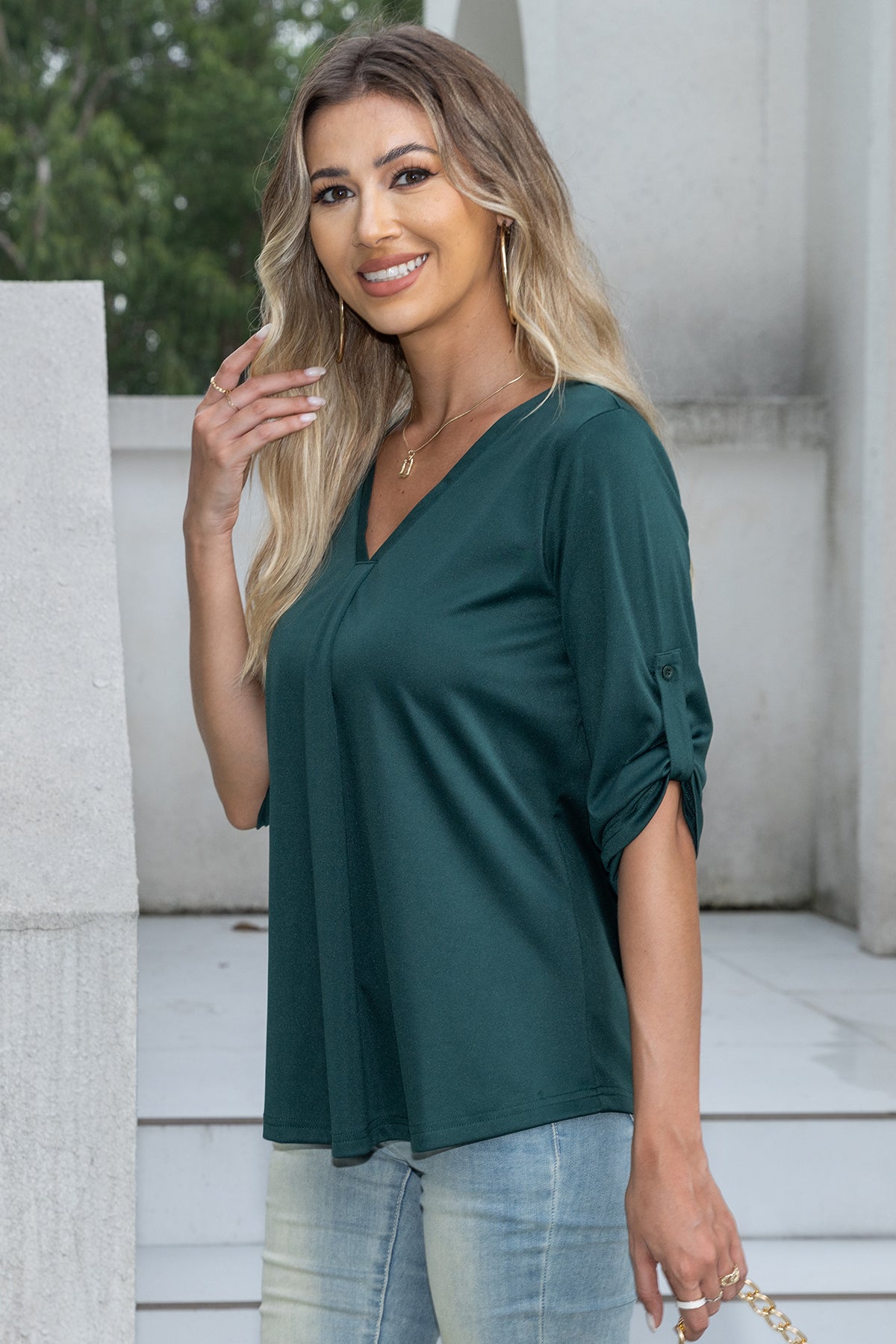 Women's Solid Plus Size 3/4 Rolled Sleeve V-Neck Tunic Tops Blouse