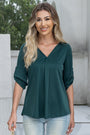 Women's Solid Plus Size 3/4 Rolled Sleeve V-Neck Tunic Tops Blouse