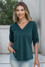 Women's Solid Plus Size 3/4 Rolled Sleeve V-Neck Tunic Tops Blouse