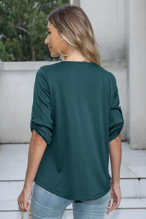 Women's Solid Plus Size 3/4 Rolled Sleeve V-Neck Tunic Tops Blouse