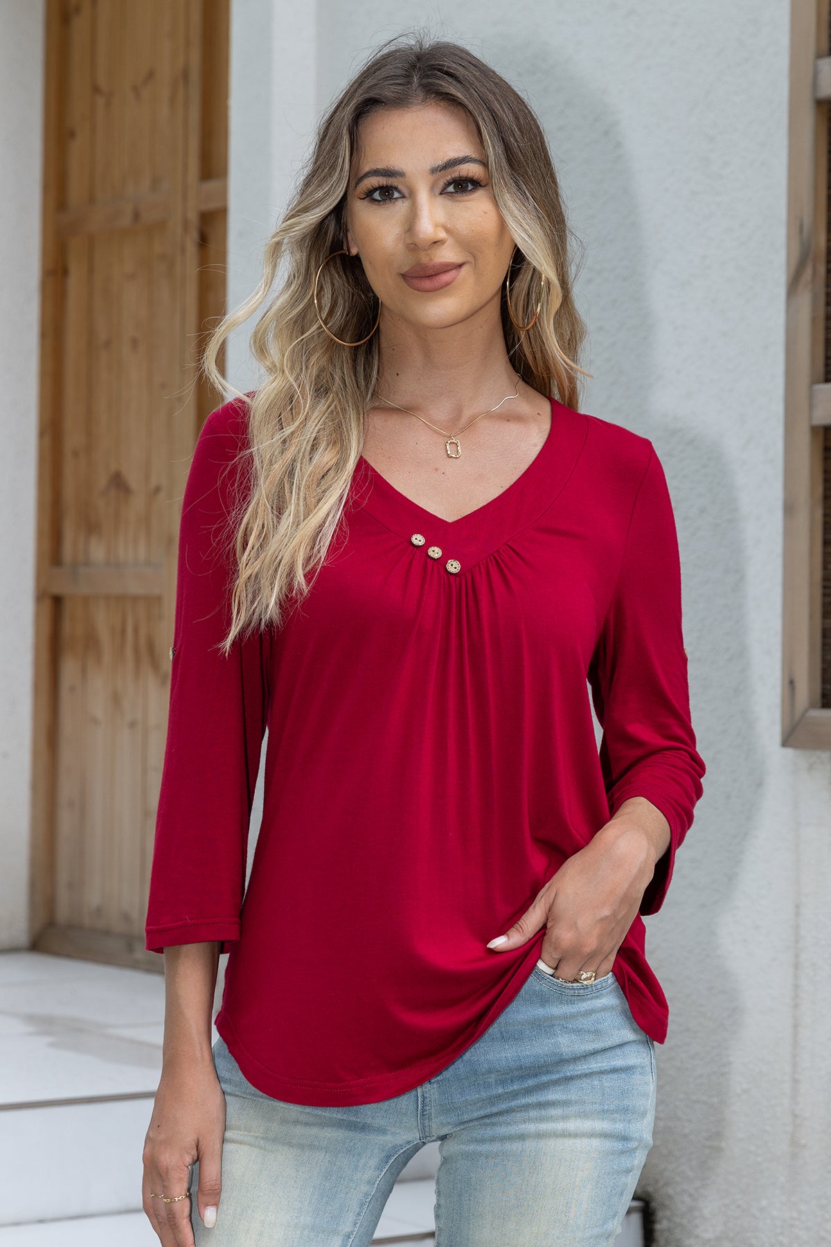 Women's Plus Size 3/4 Sleeve V-Neck Tunic Tops Blouse