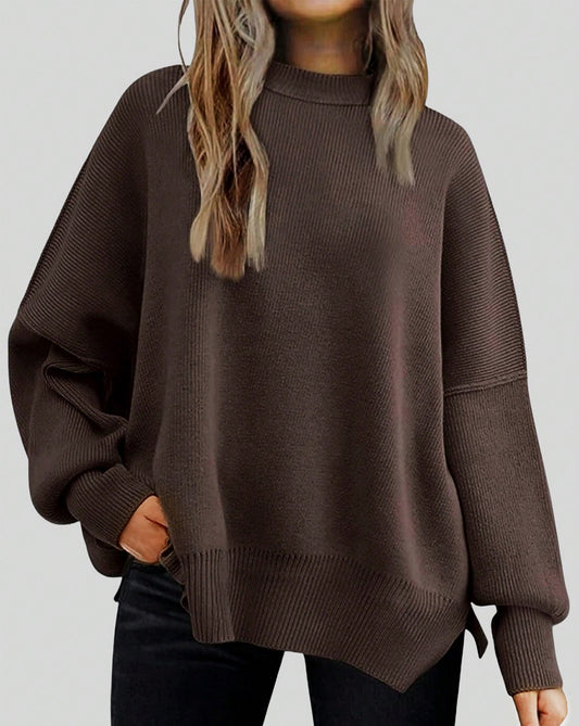 Crew Neck Drop Shoulder Slit Hem Pullover Sweaters