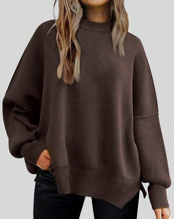 Crew Neck Drop Shoulder Slit Hem Pullover Sweaters